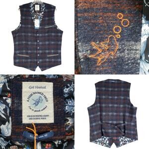 A Fish Named Fred Vest Wool Plaid Waistcoat Blue Grey Check Size 42 Mens New
